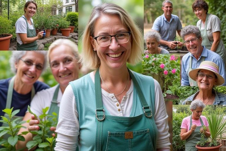 Collage showcasing happy GreenThumb members participating in workshops, enjoying their lush gardens, and connecting with fellow plant enthusiasts.